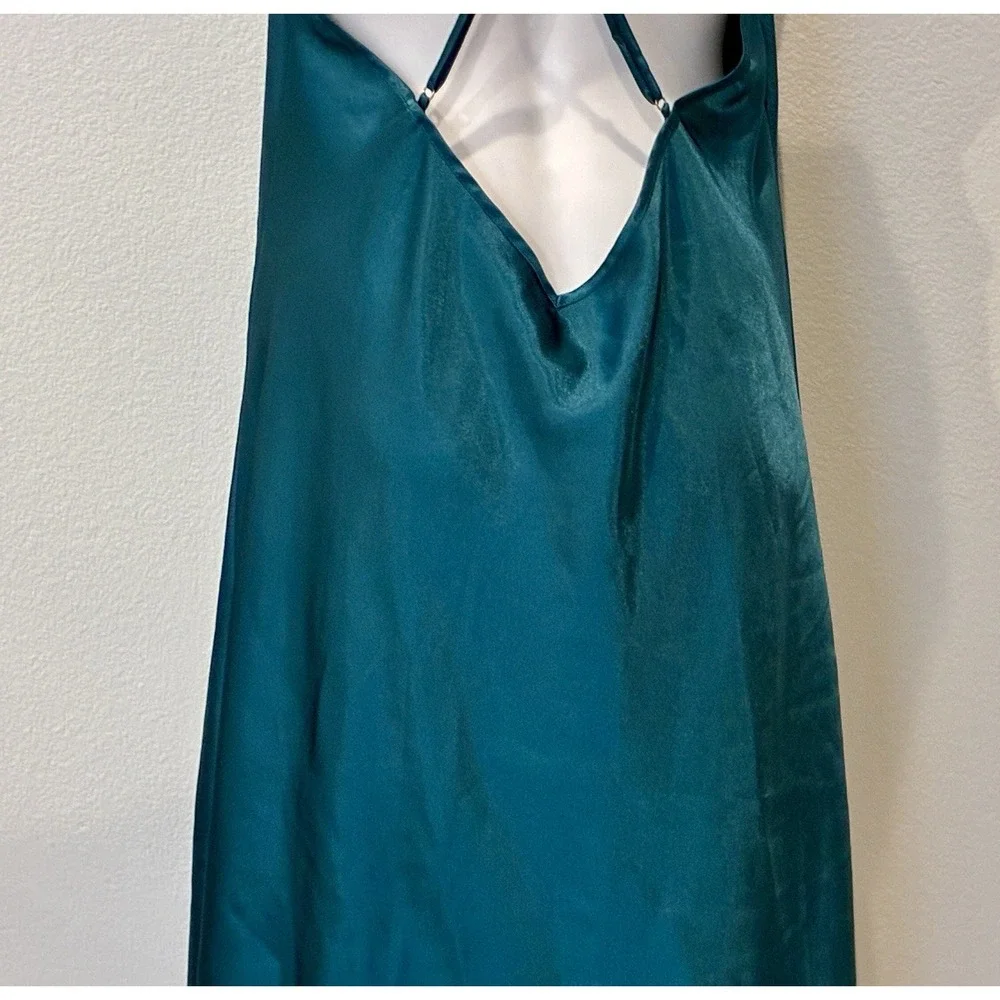 Teal Satin Midi Slip Dress Size XL Cowl Neck Side Slit Soft Glam 90s Style Fairy - Picture 8 of 14